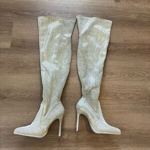 Stiletto Knee high silver sparkle boots